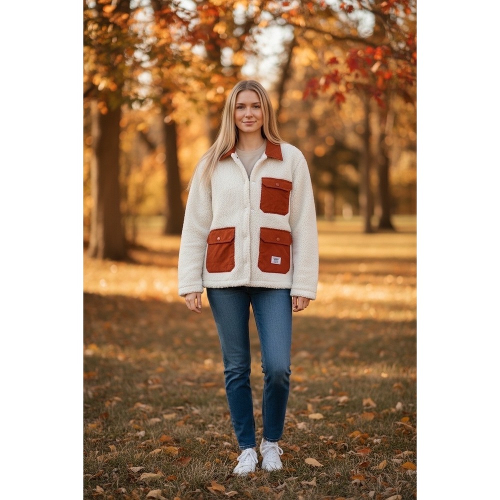 Vans Women's Emma Sherpa Fleece Utility Jacket Cream Rust Orange Snap Button S